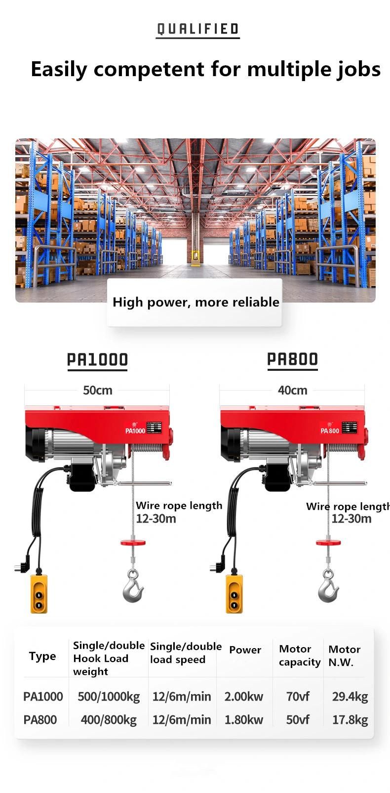 Ce Mini Electric Hoist PA 200kg 400kg 600kg 800kg 1200kg Building Used Mini Electric Hoist 110V 220V China Factory