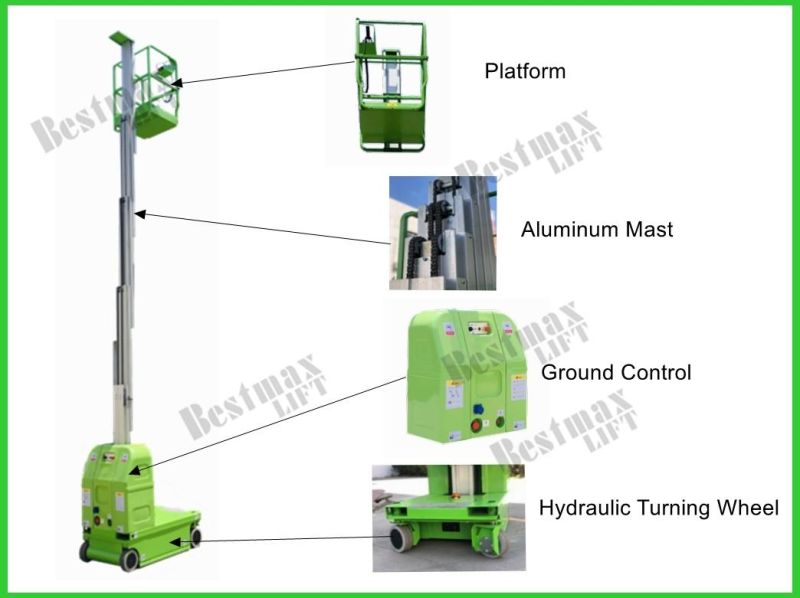 9m Platform Height Self Propelled Vertical Lift with Swivel Wheel for European Market