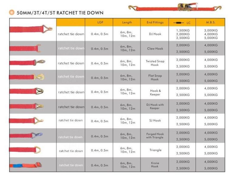 Ratchet Tie Down 50mm 5t Flat Hook Lashing Strap