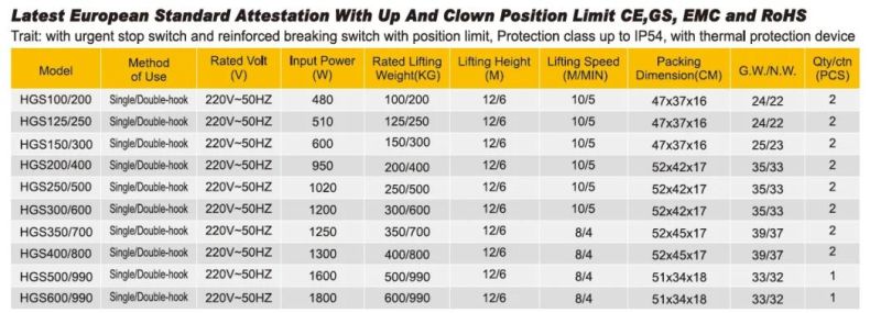 Good Price 100/200/300/50/600/990kg Mini Electric Hoist Wire Rope with Single/Double Hook (HGS)