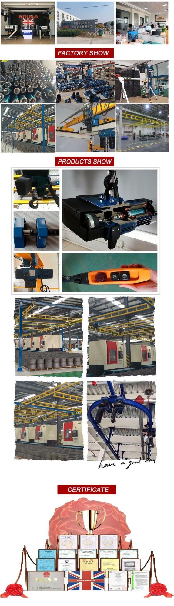 High Quality 500kg European Electric Chain Hoist with Electric Trolley