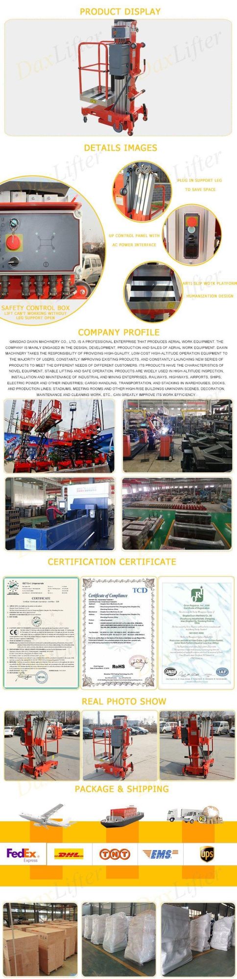 Reliable Quality Hydraulic System Lifting Aluminum Aerial Work Platform Manufacturers
