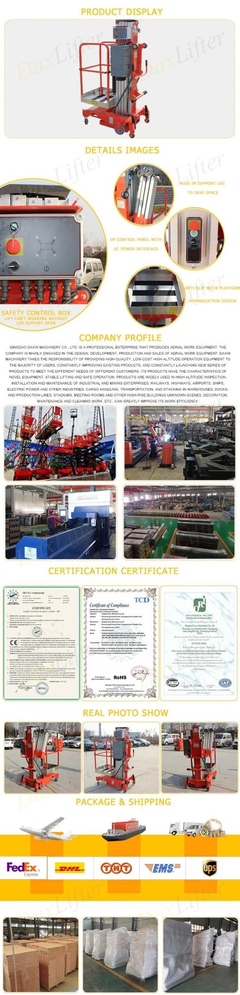 Industrial Use High Configuration Hydraulic Aluminum Alloy Lift with Outriggers