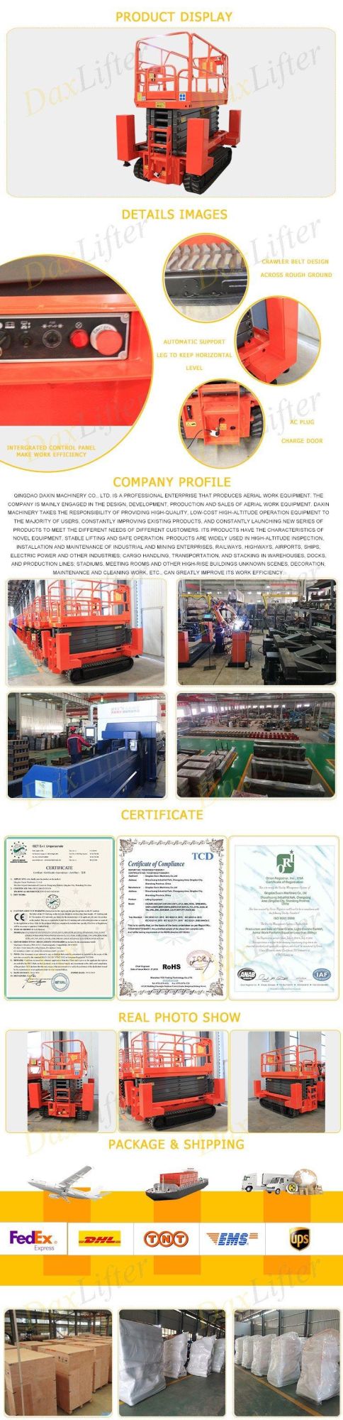 Heavy Duty Rough Terrain Man Electric Hydraulic Battery Self Propelled Crawler Mobile Scissor Lift