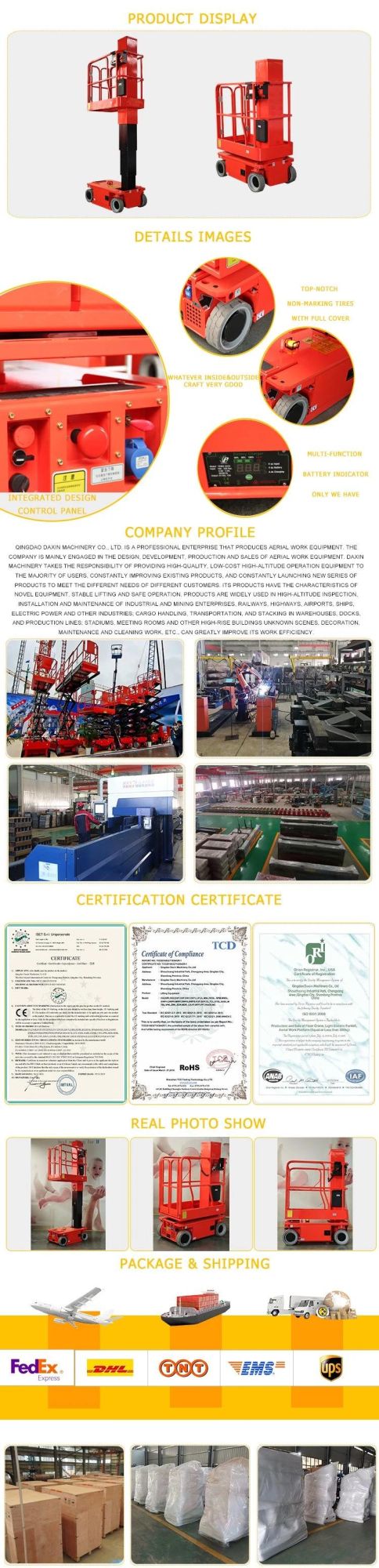 European Standard Vertical Lift Automatic Movement Telescopic Design Aerial Platform