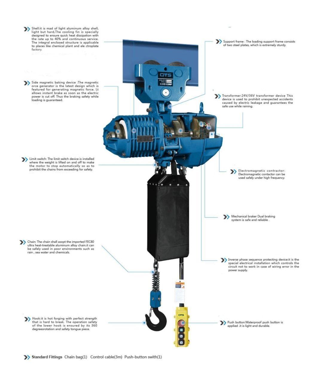 1 Ton 2 Ton 3 Ton 5 Ton Electric Chain Hoist with Electric Trolley and Hook Chain Bag