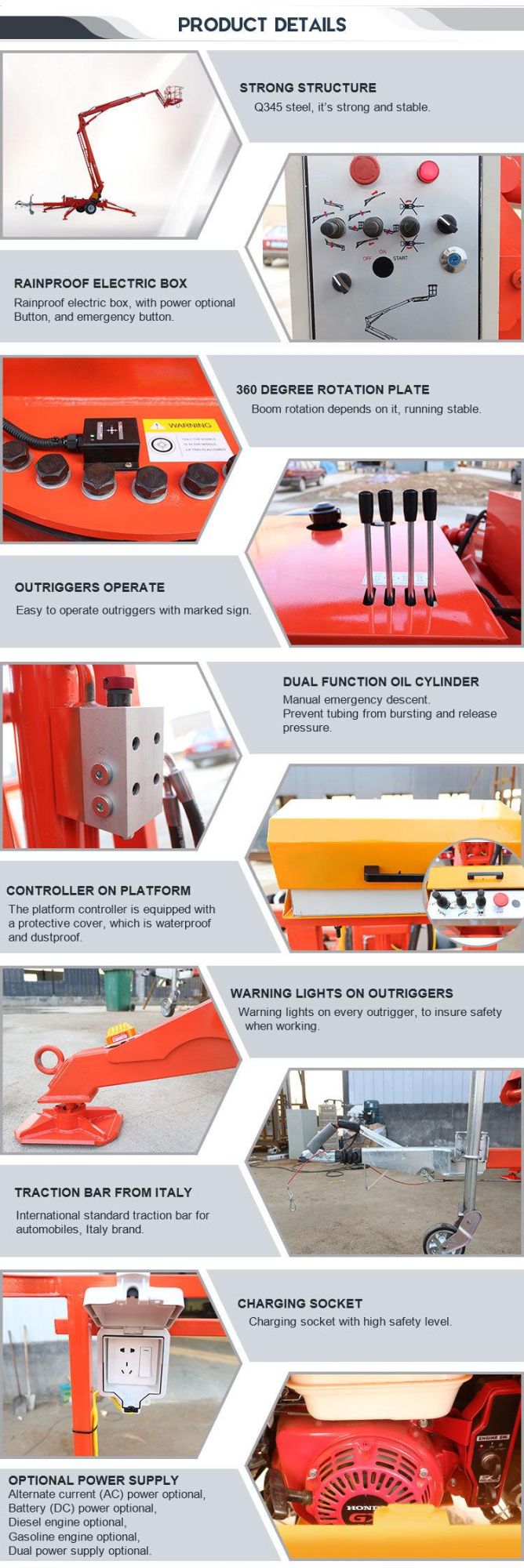 Morn 12m Ce/ISO Hydraulic Trailer Mounted High Boom Electric Man Lift