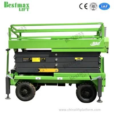 Four Wheels Manual Pushing Scissor Lift with 11m Platform Height and 500kg Loading Capacity
