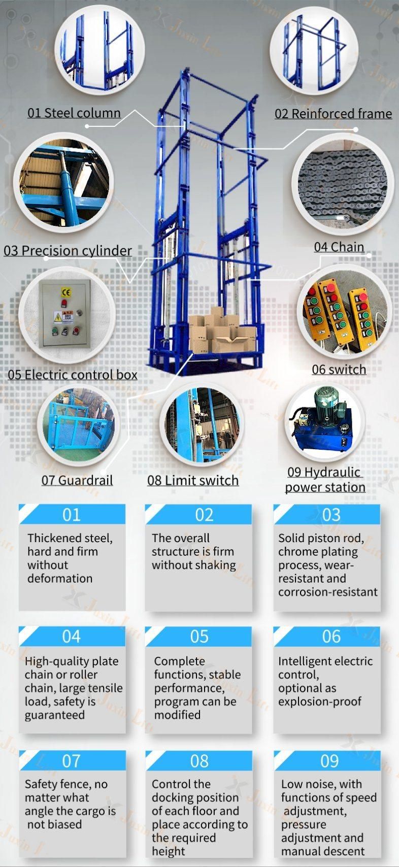 3 Years Guarantee 3t 5t 8t 10t 15t 20t Hydraulic Guide Rail Warehouse Electric Vertical Cage Cargo Goods Lift with Low Cost