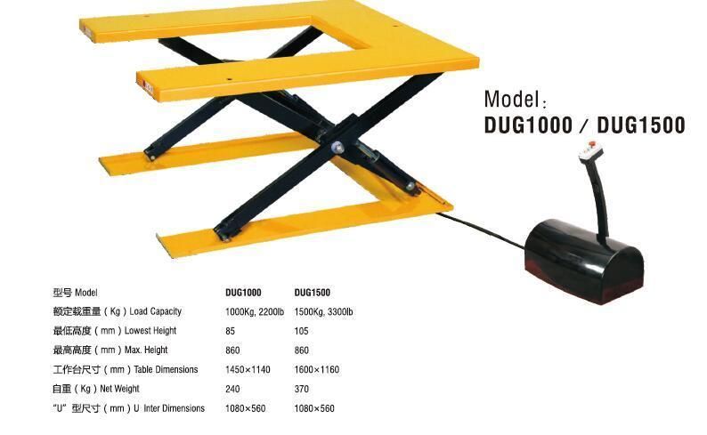 1000kg Capacity Low Profile Powered Scissor Lift Table with U Shaped Platform