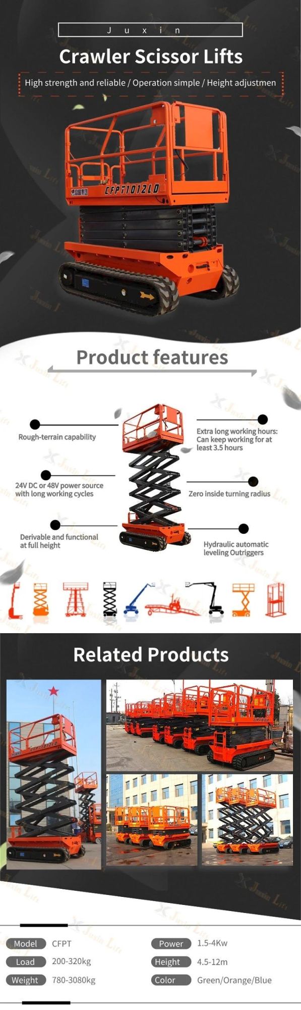 6-14m 320kg 450kg Electric Hydraulic Battery Powered Track Crawler Scissor Lift with En280 Certification