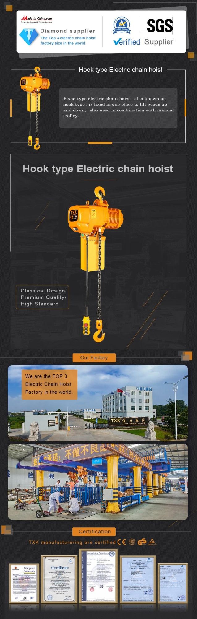 Txk 1 Ton 1 Chain Single Speed Electric Chain Hoist with Hook