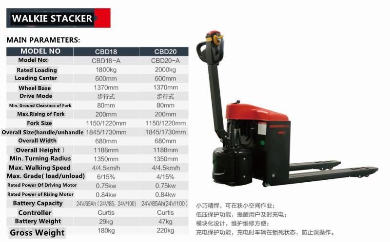 CE Approved Hot Sale Cdd20 2 Ton Electric Stacker Mini Stacker DOE Sale