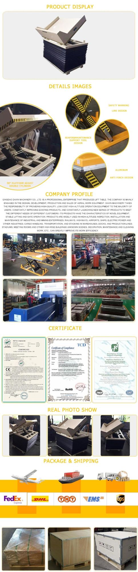 CE Approved High Quality Hydraulic Standard Single Scissor Lift Table