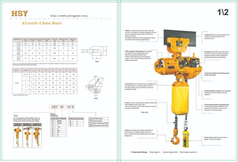 High Quality 1ton Hsy Electric Chain Hoist with Electric Trolley