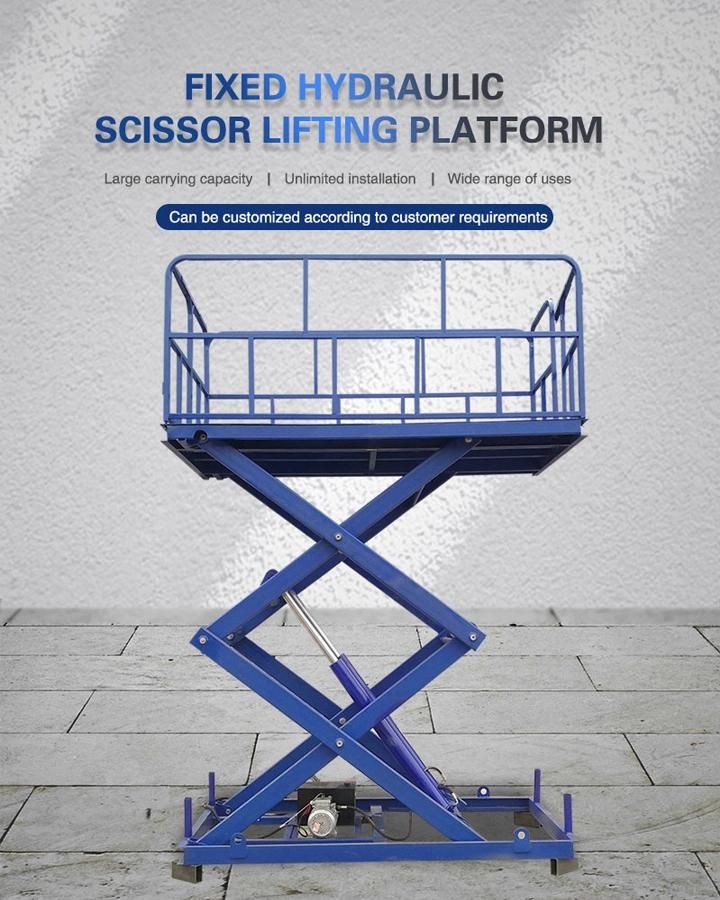 OEM Warehouse Hydraulic Vertical Stationary Scissor Goods Lift with Foldable Guardrail