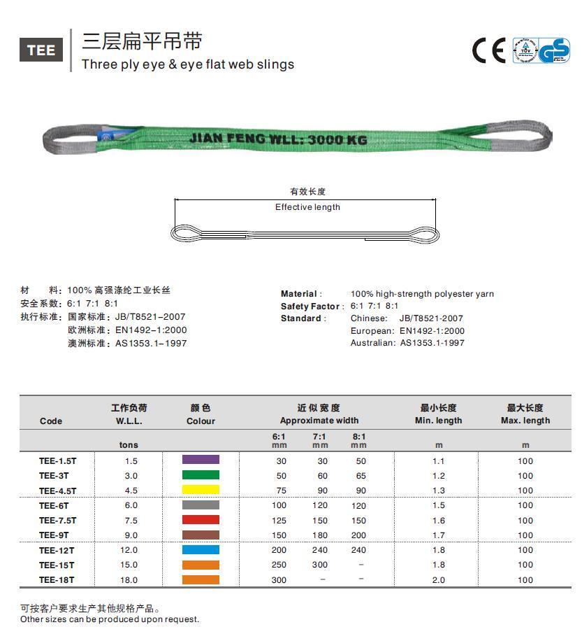 GS CE 1.5t/3.0t/4.5t/6t/7.5t/9.0t/12.0t/15.0t/18.0t Webbing Sling with Hook Customizable Length and Color
