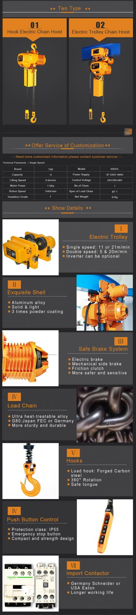 Txk 1 Ton 1 Chain Single Speed Electric Chain Hoist with Hook