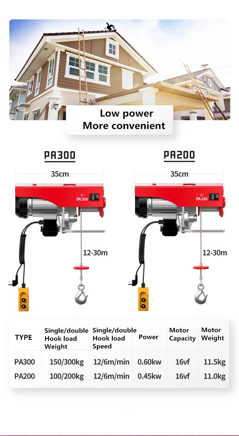 Ce Mini Electric Hoist PA 200kg 400kg 600kg 800kg 1200kg Building Used Mini Electric Hoist 110V 220V China Factory