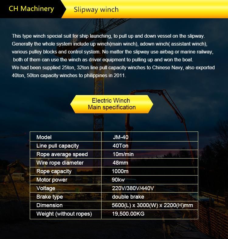 40ton 50ton 60ton 70ton 80ton Electric Slipway Winch for Ship Launching Free Drum Down to Sea